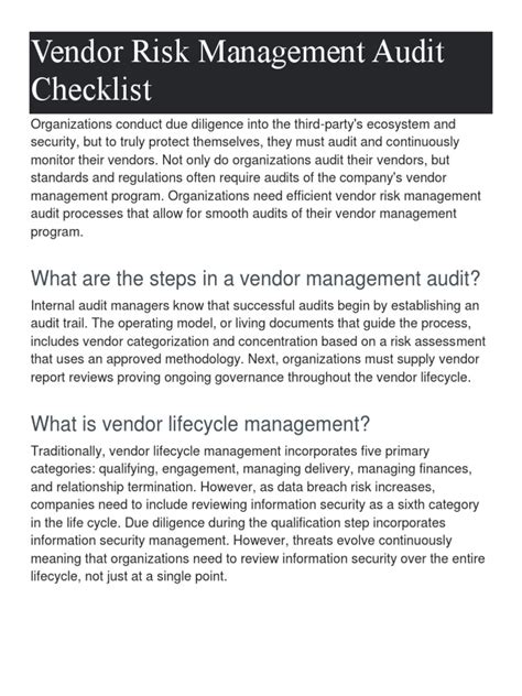 03 Vendor Risk Management Audit Checklist Information Security