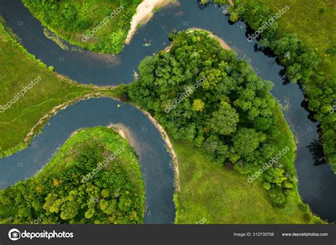Top View Beautiful Landscape Green Field Meandering River — Stock Photo