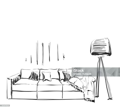 Hand Drawn Sketch Of Modern Living Room Interior With A Couch And A Lot