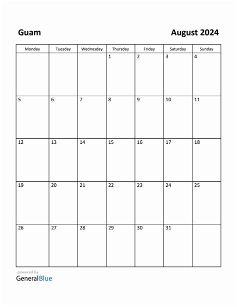 Free Printable August 2024 Calendar For Guam