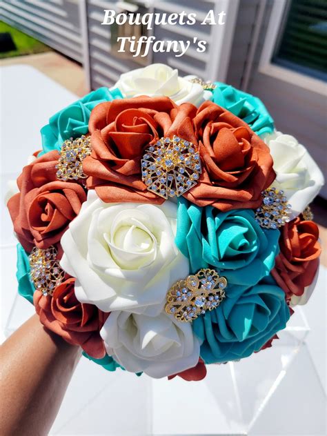 Burnt Orange Teal And Ivory Brooch Wedding Bouquet Etsy