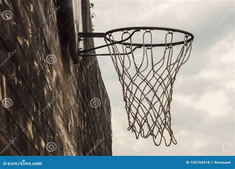 Basketball Net On A Street Wooden Wall On A Sky Background Close Stock