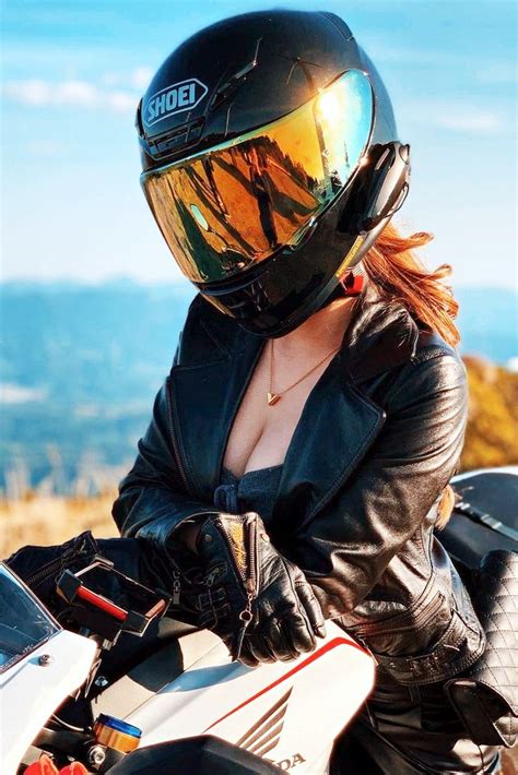 Hot Biker Girl Wearing A Black Shoei Motorcycle Helmet With A Gold Visor Biker Girl