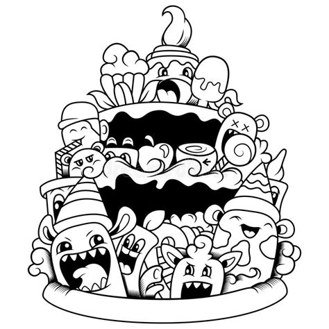 Hand Drawn Of Cute Cake Doodle Stock Vector Illustration Of Coloring