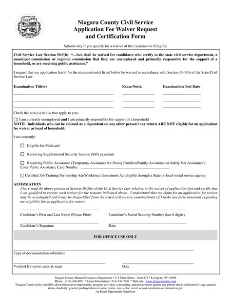 Niagara County New York Application Fee Waiver Request And Certification Form Fill Out Sign