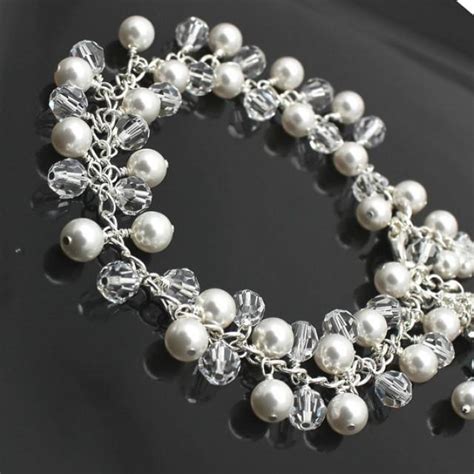 Crystal Pearl Bridal Bracelet Swarovski Crystals Pearls Silver Bridal