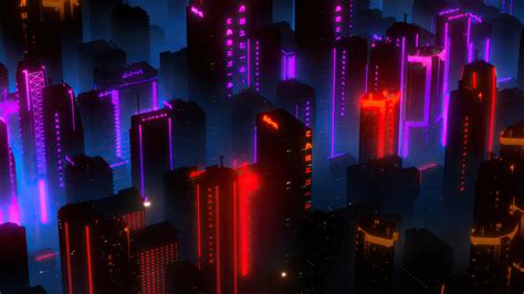 Download 1366x768 Wallpaper Neon Lights Cityscape Buildings Aerial