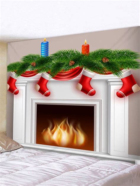 Christmas Fireplace Stocking Print Tapestry Wall Hanging Art Decoration