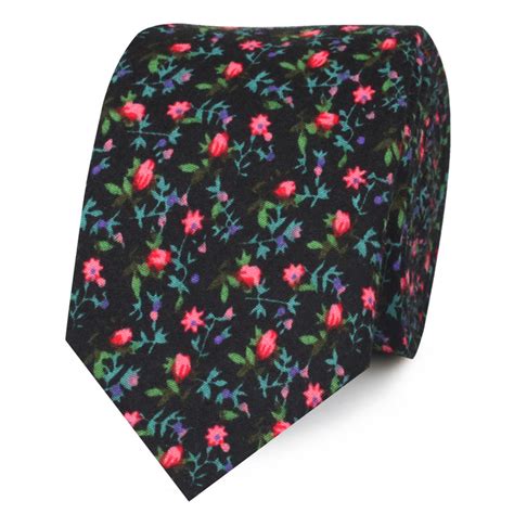Kenrokuen Japanese Flower Skinny Tie Black Floral Wedding Slim Ties