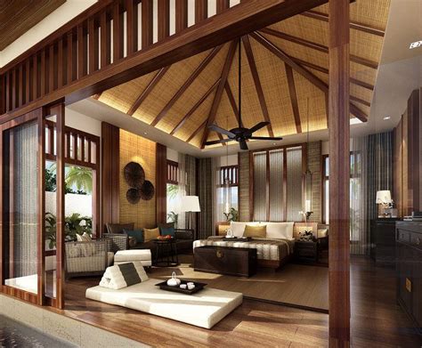 Minimalist modern zen living room with wood floor and shelf wood. Oriental style home design , villa bedroom and living area ...