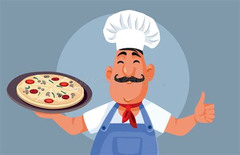 Funny Italian Chef Holding A Traditional Pizza Vector Cartoon Stock