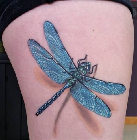 3d Blue Dragonfly Tattoo On Side Leg