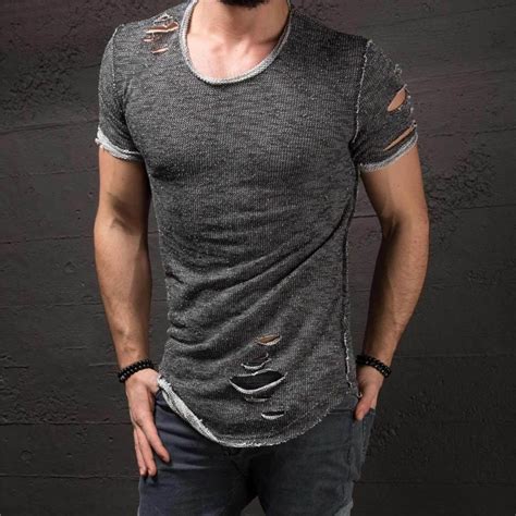 New Fashion Mens Ripped Slim Fit T Shirt Muscle O Neck Tee Tops Casual