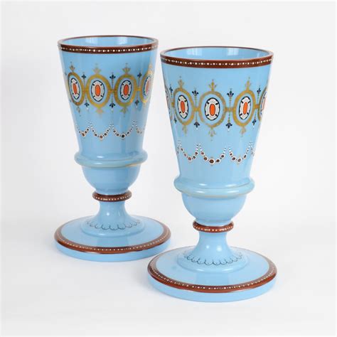 Antique Blue Opaline Glass Vases From Portieux Vallerysthal Set Of 2