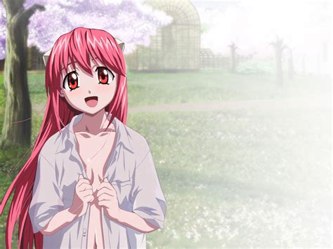 Blush Breasts Cleavage Clouds Elfen Lied Horns Long Hair Lucy Elfen Lied Open Shirt Pink Hair