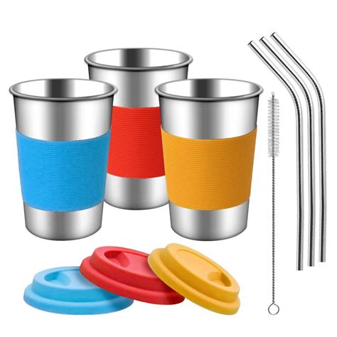 Stainless Steel Cups With Silicone Lids Sleeves And Stainless Steel