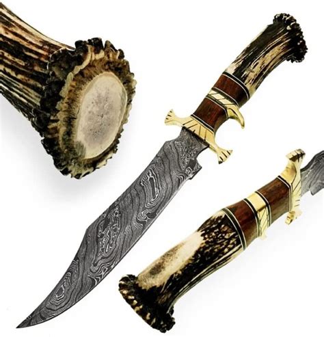 Handmade Damascus Steel Hunting Bowie Knife Stag Horn Handle