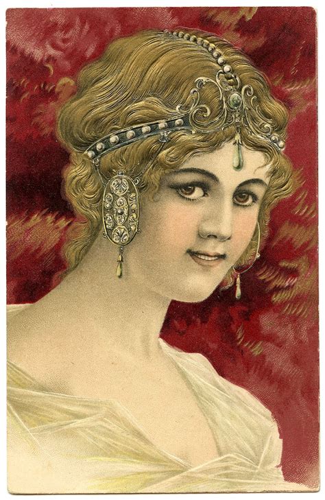Art Nouveau Graphic Beautiful Woman With Jewelry The