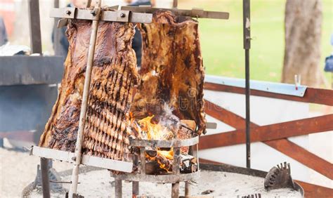 Traditional Argentinian Asado Roasted Lamb Grilled Meat Stock Photo