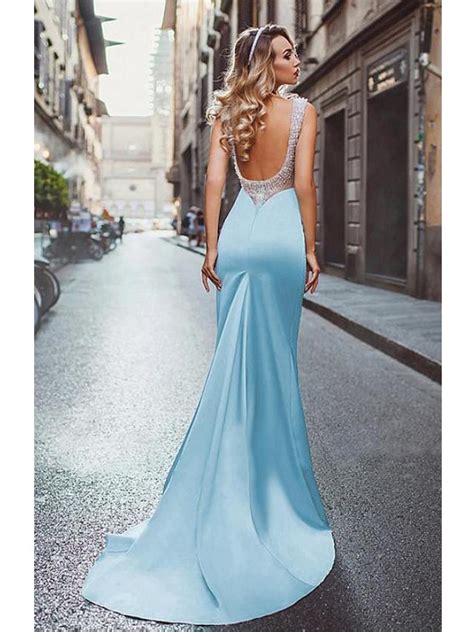 Chic Elegant Mermaid Backless Sky Blue Elastic Satin Prom Dress With
