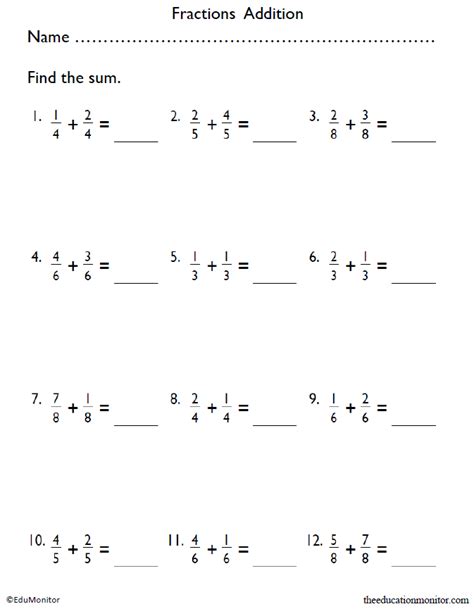 Grade 4 Fractions Addition Worksheet Edumonitor