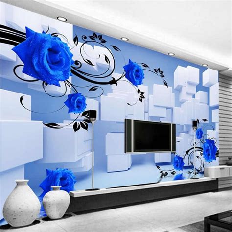 Personalized Customization 3d Stereo Relief Blue Flower Mural Geometric