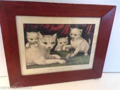 Currier And Ives Antique 3 Little White Kitties Original Cat Lithograph