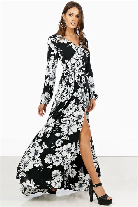 Womens Long Sleeve Black And White Floral Print Wrap Maxi Dress Front