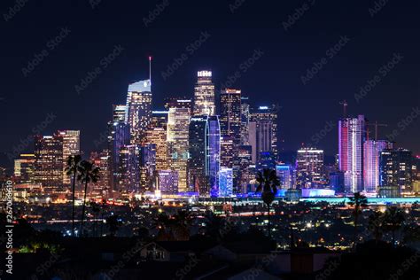 Downtown Los Angeles Skyline At Night Stock Photo Adobe Stock