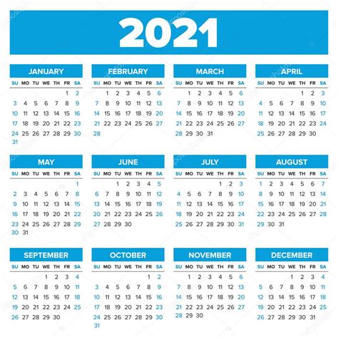 Simple 2021 Year Calendar Week Starts On Sunday Premium Vector In