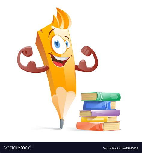 Funny Cartoon Pensil With Books Education Vector Image