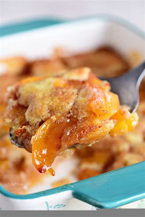 In a medium sized saucepan mix together the cornflour, lemon juice and peach juice into a smooth paste, stir in the sugar, add the drained peaches and butter. Easy Peach Cobbler {+VIDEO} | TidyMom®