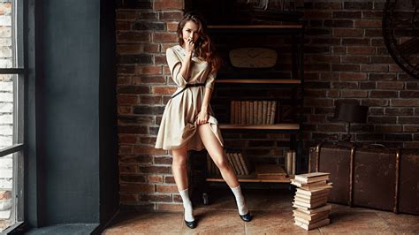 Women Long Hair Brunette Legs Sitting Socks Bricks Dress Books Georgy Chernyadyev