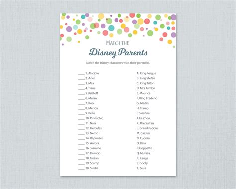 Disney Parent Match Game Printable Baby Shower Games Match Etsy
