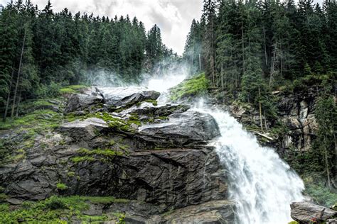 Waterfall In Pine Forest 4k Wallpaper Download