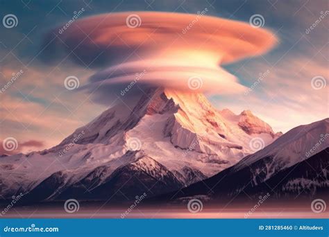Lenticular Clouds Hovering Above A Snow Capped Mountain Peak Stock