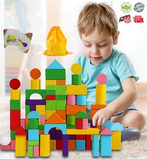 100pc Childrens Wooden Building Blocks Kids Construction Toy Bricks Set