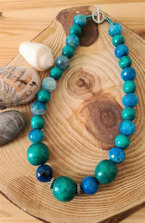 Blue Azurite Mixed Glamrox Stone Wood Necklace Glamrox Mixed Etsy