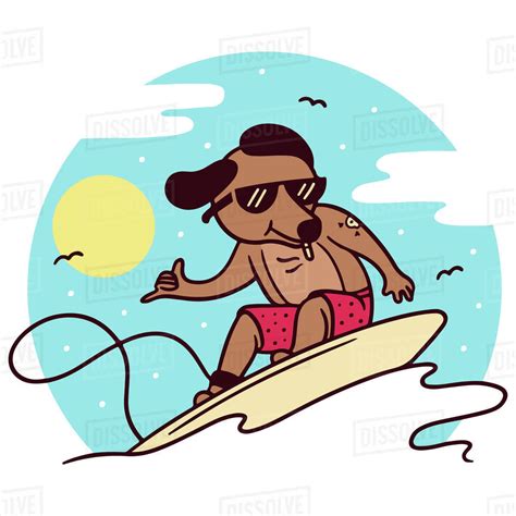 Cartoon Illustration Of A Dog Surfing Against White Background Stock