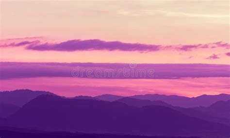Landscape Mountain Range And Purple Sky At The Sunset Stock Image