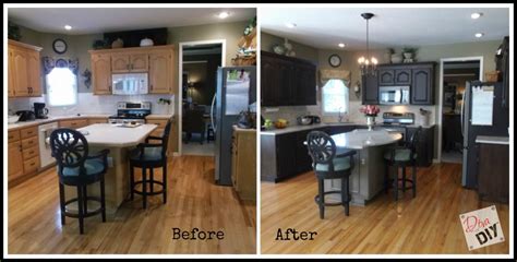 Wide view of oak kitchen cabinets, a wood floor, stainless kitchen appliances, and empty countertop. Kitchen Makeover