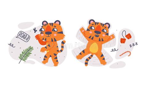 Joli Bébé Tigres Joyeux Set Dessin Animé Vecteur Illustration