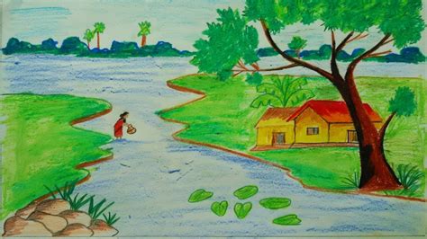 How To Draw A Simple River Landscape To Draw A Village Scenery Youtube