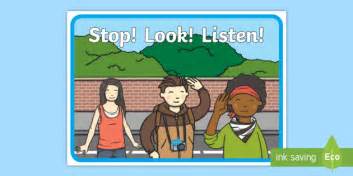 Stop Look And Listen Road Safety Display Poster Pay Attention Pedestrian