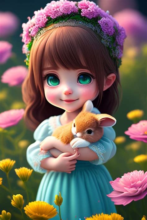 unique panda697 cute cartoon girl with brown hair green eyes hugging small cute white bunny