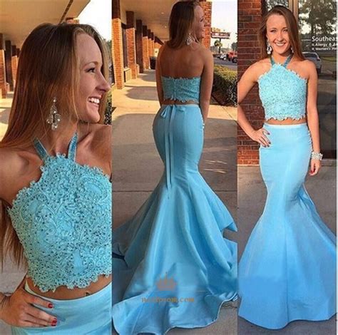 Sky Blue Halter Neck Lace Bodice Stain Two Piece Mermaid Prom Dress