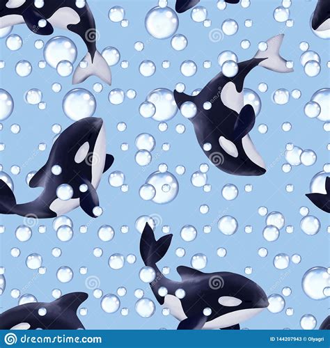 Seamless Pattern Of Killer Whales Cartoon Orcas Stock Illustration