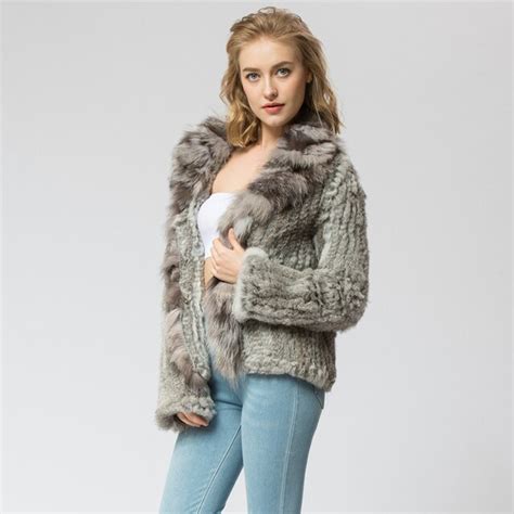 buy cr072 3 knitted real rabbit fur coat overcoat jacket with fox fur collar