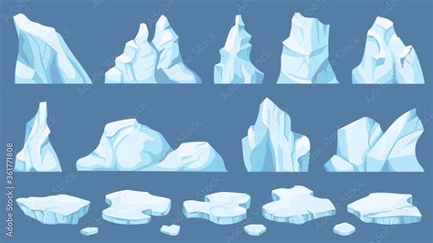 Cartoon Arctic Ice Icebergs Blue Floes And Ice Crystals Icy Cliff