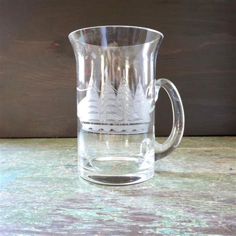 Vintage Glass Mug Etched Schooner Boat Large Clear Glass Stein Tall Ship Frosted Design Glass
